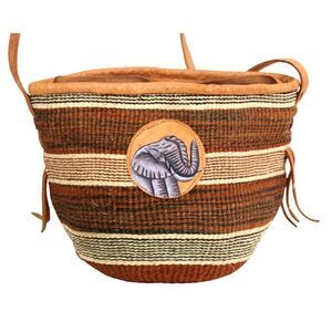 HANDCRAFTED BEIGE BROWN JUTE BROWN LEATHER HANDLES BASKET SHOULDER BAG X-BODY